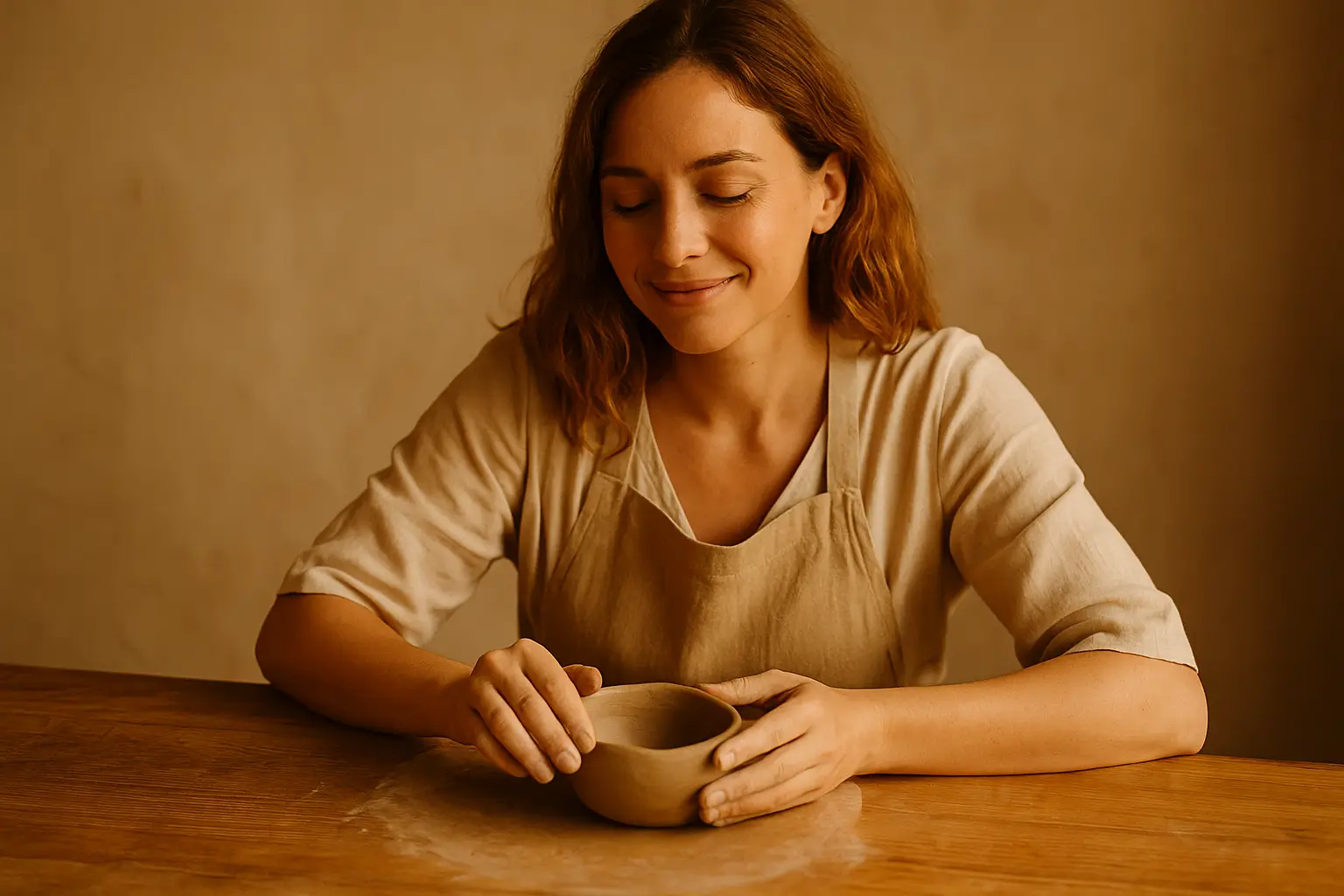 женщина лепит круглую чашу из глины