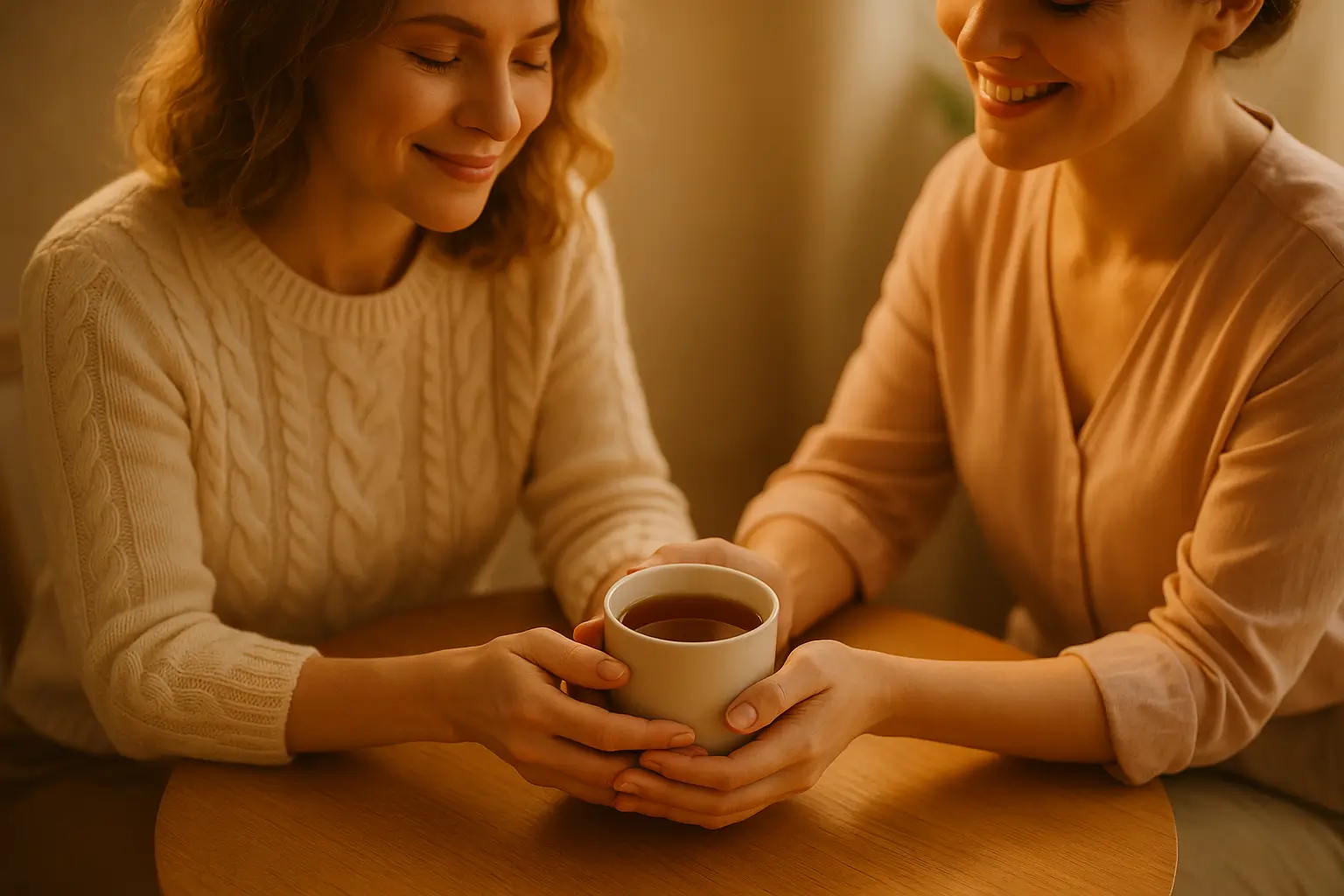 две женщины держат чашку чая