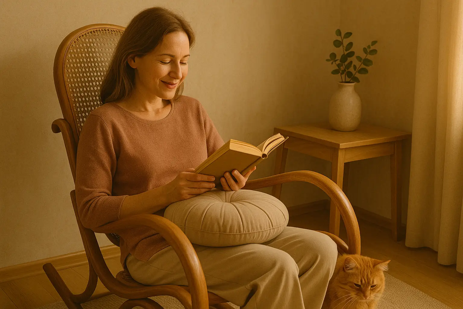 женщина читает книгу с котом