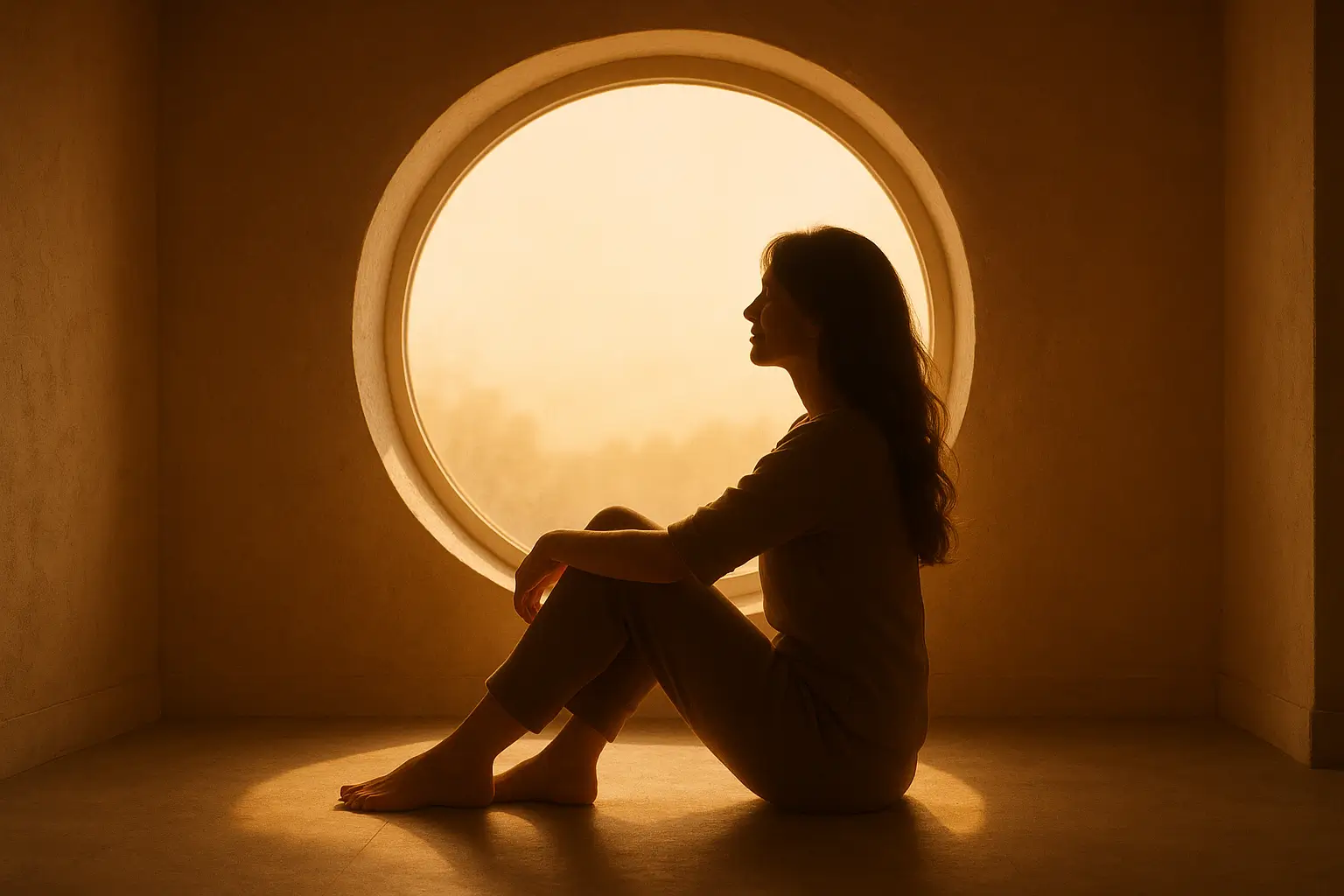 силуэт женщины у круглого окна