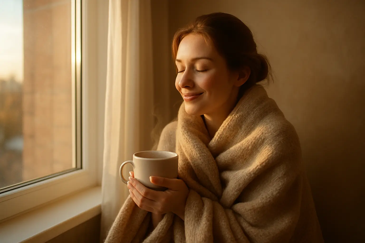женщина у окна с пледом и чаем